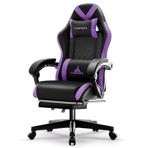 TUKAKA Gaming Chair,Ergonomic Massage Computer Office Desk Chair with Footrest,Pocket Spring Cushion,Reclining Leather Adjustable Gamer Chair with Headrest and Lumbar Support,Purple