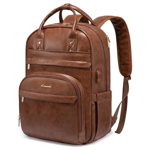 LOVEVOOK Travel Laptop Backpack for Women PU Leather Fashion Work Backpack Purse 15.6 Inch Large Teacher Nurse Bag, Brown, 15.6 inch