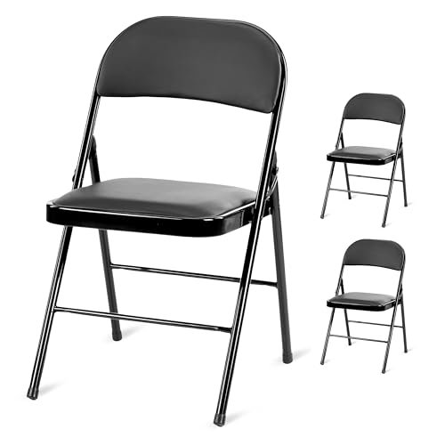 Simple Deluxe 2 Pack Folding Chairs with Leather Padded Cushion Seats & Durable Metal Frame, Comfortable, Foldable, Portable, Commercial Event, Indoor Outdoor Gift for Party, Home, Office, Vinyl Black