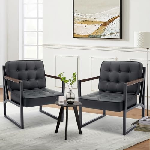 COLAMY Mid Century Modern Accent Chair Set of 2, Comfy Living Room Chair, Black Leather Accent Chair, Faux Leather Reception Armchair with Metal Legs for Living Room Bedroom Reception Office, Black