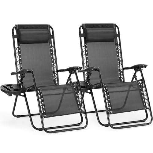 Sweetcrispy Zero Gravity Chairs, Set of 2 Portable Recliner Beach Camping Patio Outdoor Folding Lounge Chair with Cup Holder Trays and Adjustable Pillow for Poolside, Garden, Backyard, Lawn (Black)