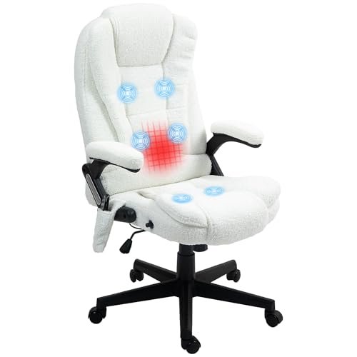 HOMCOM 6 Point Vibrating Massage Office Chair with Heat, Velvet High Back Executive Office Chair with Reclining Backrest, Padded Armrests and Remote, White