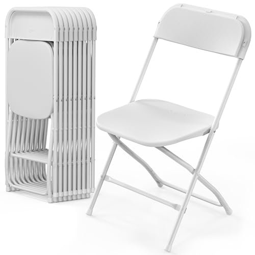 VINGLI 10 Pack White Plastic Folding Chair, Indoor Outdoor Portable Stackable Commercial Seat with Steel Frame 350lb. Capacity for Events Office Wedding Party Picnic Kitchen Dining