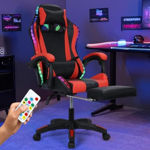 duwiikab Gaming Chair Massage with Bluetooth Speakers and RGB LED Lights, Ergonomic Video Game Chair with Footrest, Height Adjustable Computer Chair for Adults with Back Lumbar Support Red