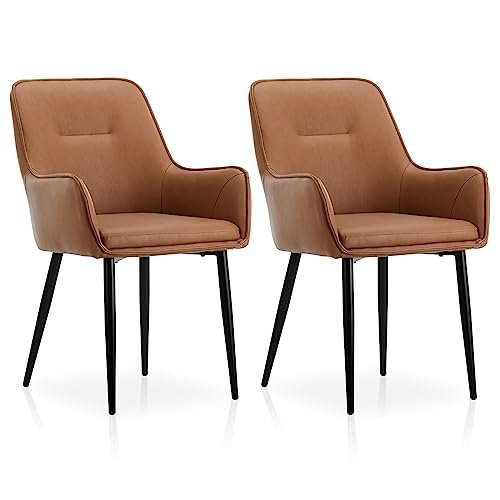 TUKAILAi Modern Design Dining Chairs Set of 2, Faux Leather Accent Chairs with Cushioned Seat and Arms, Upholstered Leisure Armchairs for Kitchen Restaurant Commercial (Brown)