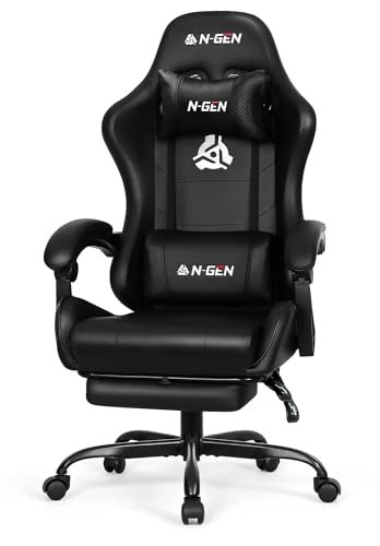 N-GEN GAMING Video Gaming Chair with Footrest High Back Ergonomic Comfortable Office Computer Desk with Lumbar Support Height Adjustable with PU Leather Recliner for Adults Women Men (Black)