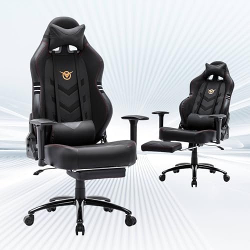 Big and Tall Gaming Chair with Footrest 350lbs, Computer Gamer Chair, High Back PC Gaming Chairs with Wide Seat, Lumbar Support, Armrest for Adults-Black