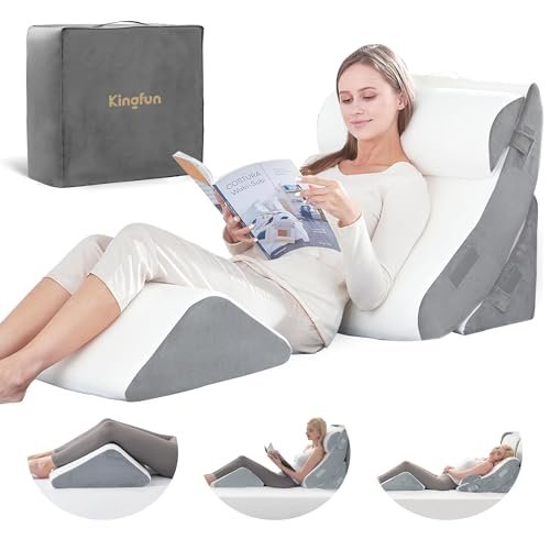 Kingfun 4pcs Orthopedic Bed Wedge Pillow Set for Post Surgery, Memory Foam for Sleeping, Adjustable Leg, Back and Arm Support, Sitting Up and Rest Pillow with Travel Bag