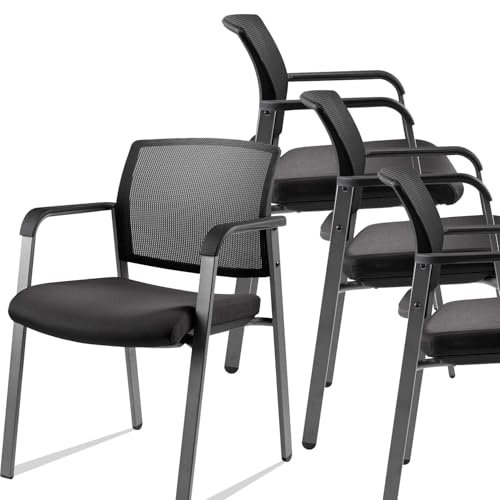 CLATINA Mesh Back Stacking Arm Chairs with Upholstered Fabric Seat and Ergonomic Lumber Support for Office School Church Guest Reception Black 4 Pack Set New Version