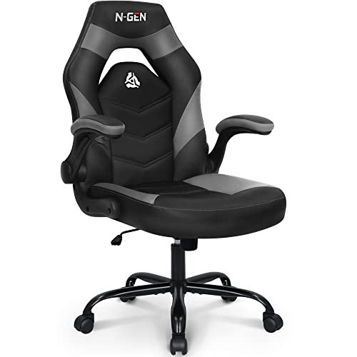 N-GEN Video Gaming Computer Chair Ergonomic Office Chair Desk Chair with Lumbar Support Flip Up Arms Adjustable Height Swivel PU Leather Executive with Wheels for Adults Women Men (Grey)