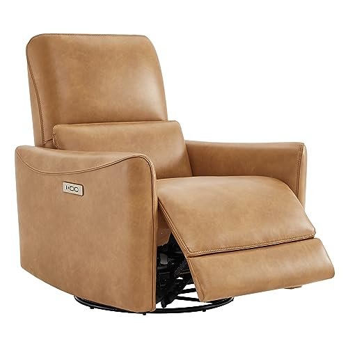 CHITA Power Recliner Chair Swivel Glider, FSC Certified Upholstered Faux Leather Living Room Nursery Reclining Sofa Chair with Lumbar Support, Cognac Brown