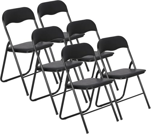 Assile Folding Chairs 6 Pack with Cushion, Outdoor and Indoor Event Portable Folding Chairs with Non-Slip Feet Pads, Stackable Chairs for Meeting, Party and Office, Black