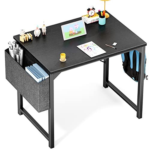 OLIXIS Computer Small Office Desk 32 Inch Writing Study Work with Storage Bag, Headphone Hooks, Home Simple Modern Wood Kids Student Table, Black