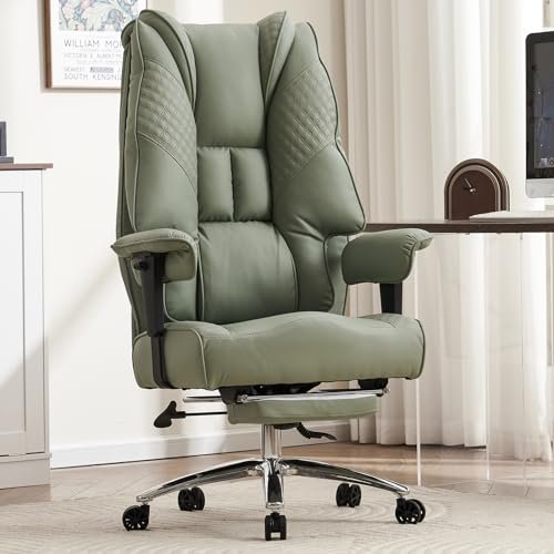 EXCEBET Big and Tall Office Chair 400lbs Wide Seat, Leather High Back Executive Office Chair with Foot Rest, Ergonomic Office Chair Lumbar Support for Lower Back Pain Relief (Light Green)