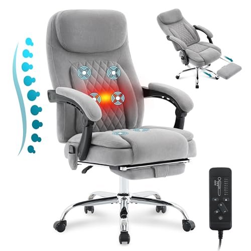 6-Point Massage Office Chair with Heated, Ergonomic Office Chair with Footrest & 45°Reclining High Back, Big and Tall Executive Office Chair 500LBS, Thick Cushion Desk Chair for Home Office, Grey