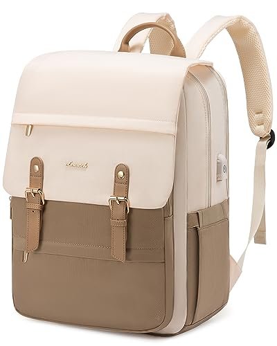 LOVEVOOK Laptop Backpack for Women Travel Computer Backpack 17 Inch Carry on Teacher Backpack for Work Business College, Beige & Coffee, 15.6 Inch, Modern