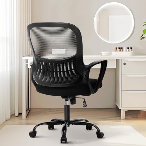 Sweetcrispy Home Office Computer Desk Chair, Ergonomic Managerial Executive Mid-Back Mesh Rolling Work Swivel Chairs with Wheels, Comfortable Lumbar Support, Comfy Arms for Bedroom, Study, Student