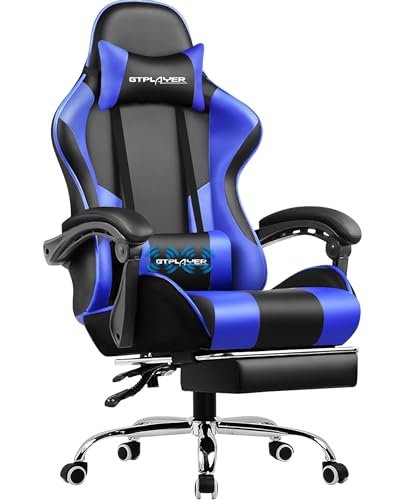 GTPLAYER Gaming Chair, Computer Chair with Footrest and Lumbar Support, Height Adjustable Game Chair with 360°-Swivel Seat and Headrest and for Office or Gaming ((Blue)