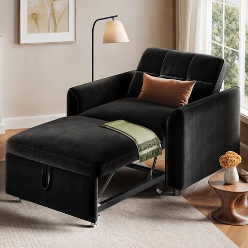 YITAHOME Convertible Sofa Chair Bed, 3-in-1 Sleeper Sofa with Pull-Out Bed, Velvet Fabric Single Sleeper Chair with Reclining and Button Tufted Backrest, Modern Lounge Chair for Small Space, Black