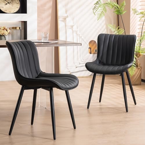 YOUNUOKE Black Dining Chairs Set of 2 Upholstered Mid Century Modern Kitchen Chair Comfortable Armless Faux Leather Accent Chair with Back for Guest Waiting Reception Living Room