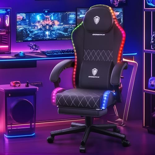 Dowinx Gaming Chair with RGB Lights, LED Gaming Chair with Footrest for Adults, Ergonomic Gaming Chair with Massage Lumbar Support, Video Game Chair Fabric Black