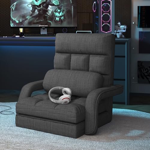 Adjustable Floor Gaming Chair for Adults, 6-Position Chaise Lounge Chair with Meditation Arm, Foldable Lazy Sofa with Pillow, Comfy Chair Indoor for Bedroom Dorm Living Room, Charcoal