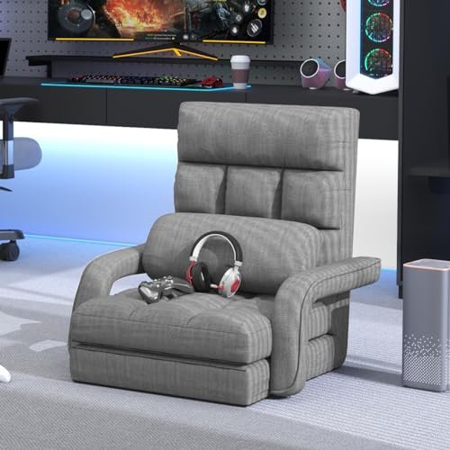 KOZIDO Floor Gaming Chair, 6 Position Adjustable Indoor Chaise Lounge Chair for Teens Adults, Padded Folding Meditation Sofa Chair with Armrests and Pillow, Comfy Chair for Teens, Adults, Pets - Grey