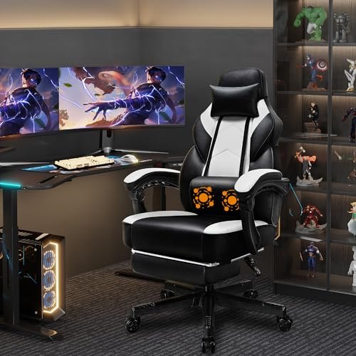 Shintenchi Gaming Chair,Video Game Chair with footrest and Massage Lumbar Support,Height Adjustable Game Chair with 360°Swivel Seat Ergonomic Computer Chair with Headrest for Office or Gaming(White)