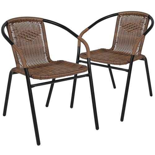 EMMA + OLIVER 2 Pack Medium Brown Rattan Indoor-Outdoor Restaurant Stack Chair