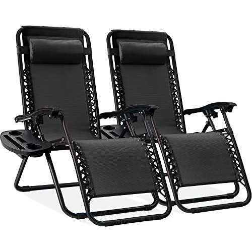 Best Choice Products Set of 2 Adjustable Steel Mesh Zero Gravity Lounge Chair Recliners w/Pillows and Cup Holder Trays - Black