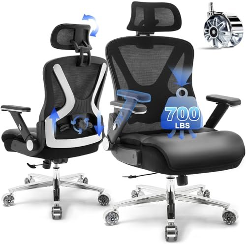 Estevo Ergonomic Office Chair,Upgrade Big and Tall Office Chair for Heavy People 700lbs,Mesh High Back Desk Chair with 5D Flip Arms Large Wheels,Adjustable Headrest & Lumbar Support,Wide Office Chair