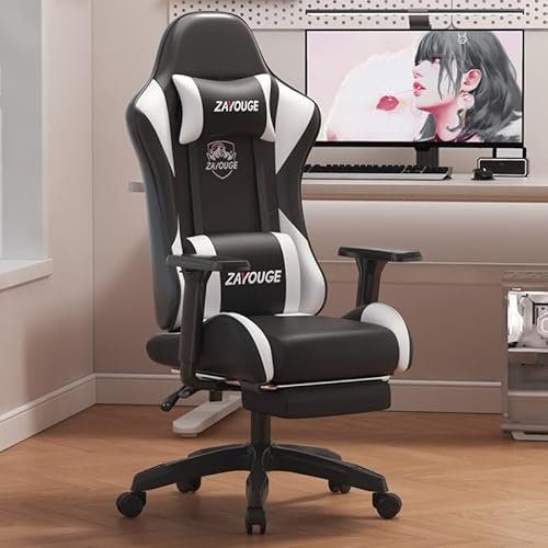 Gaming Chair with Footrest and 3D Armrest, Reclining Seat Height Adjustment with Headrest and Lumbar, Tilt Adjustment (Black and White)