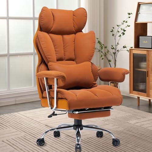 Efomao Executive Office Chair for Heavy People, High Back Computer Chair with Foot Rest, Height Adjustable PU Leather Office Chair,Big and Tall Office Chair, Orange Office Chair