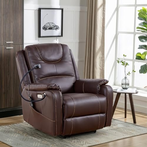 SoarTalent Zero Gravity Power Recliner Chairs for Adults 139°Single Sofa Chair Massage and Lumbar Heating with USB Port, Phone Holder, Side Pocket, Eco Leather(Brown)