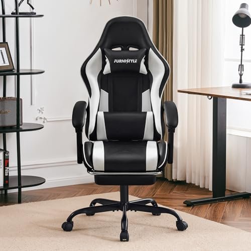 Gaming Chair with Footrest, Reclining Gamer Chair, Video Game Desk Chair for Teens with Lumbar Support, Linkage Armrests, Ergonomic Computer Chair for Gaming or Office, PU Black-White