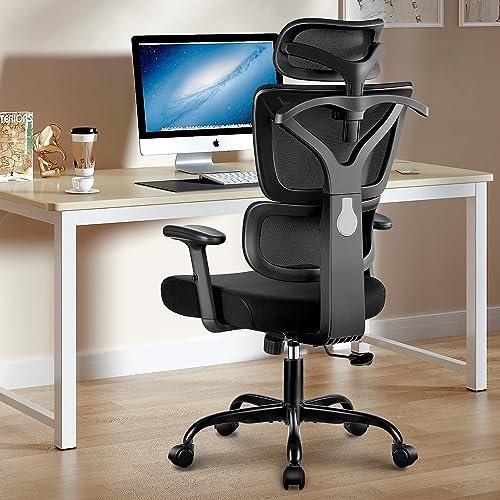 Winrise Office Chair Ergonomic Desk Chair, High Back Gaming Chair, Big and Tall Reclining Comfy Home Office Chair Lumbar Support Breathable Mesh Computer Chair Adjustable Armrests (Black)