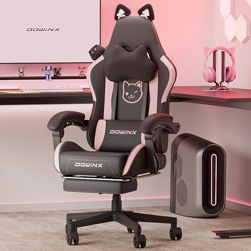 Dowinx Gaming Chair Cute with Cat Ears and Massage Lumbar Support, Ergonomic Computer Chair for Girl with Footrest and Headrest, Comfortable Reclining Game Chair 290lbs for Adult, Teen, Black