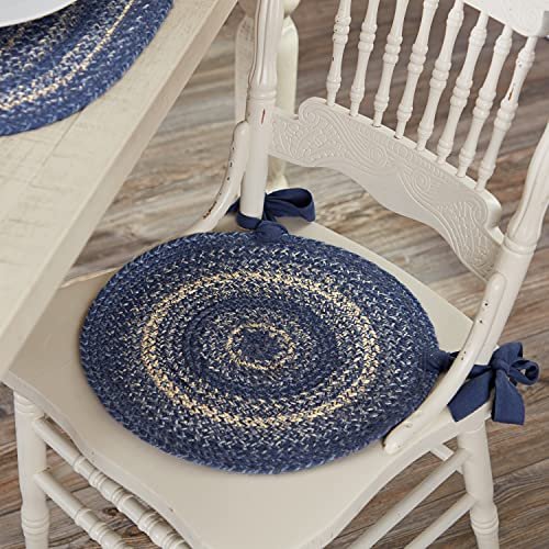 VHC Brands Great Falls Blue Round Seat Cushion Chair Pad, Blue White, Jute Blend with Ties, 15x15 Inches