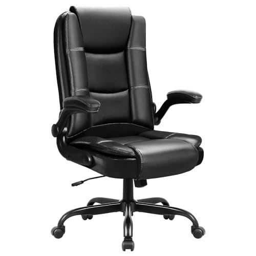 OFIKA Big and Tall Office Chair Computer Desk Chair - Ergonomic High Back Lumbar Support Home Office Chair with Padded Flip-up Arms, Adjustable Height Leather Office Executive Chair (Black)