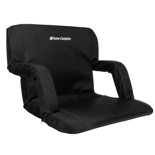 Wide Stadium Chair Cushion - Bleacher Seat with Padded Back Support, Armrests, 6 Recline Positions, and Portable Carry Straps by Home-Complete (Black)