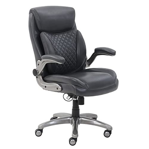 Amazon Basics Ergonomic Desk Office Chair, Flip-up Armrests, Adjustable Height, Grey Leather