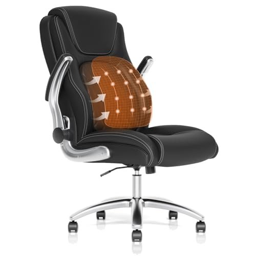 Ergonomic Office Chair, Executive Leather Desk Chair, Comfy High Back Computer Chair with Wide Thick Spring Cushion, Adjustable Lumbar Support, Padded Flip-up Arms, Tilt Function, Swivel Rolling Wheel