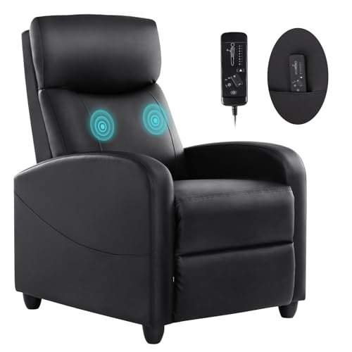 Sweetcrispy Recliner Chair for Adults, Massage PU Leather Small Recliner Home Theater Seating with Lumbar Support, Adjustable Modern Reclining Chair with Padded Seat Backrest, Living Room (Black)