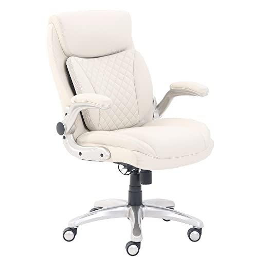 Amazon Basics Ergonomic Desk Office Chair, Flip-up Armrests, Adjustable Height, Cream Leather