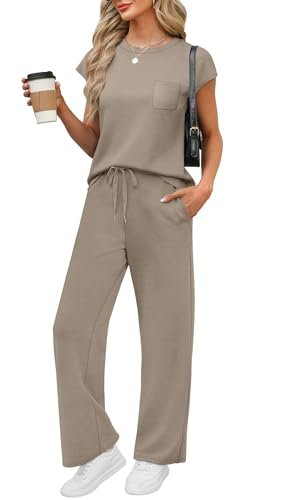 The Best Travel Clothes for Women Tortuga Backpacks: Chic & Comfy 4 WIHOLL Womens Loungewear Set 2 Piece Travel Airport Outfits on Plane Summer Business Casual Lounge Set Ladies Short Sleeve Clothes Wide Leg Pants Matching Sets Womens Clothing Coffee M