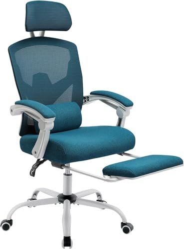Best Desk Chair for Remote Work: Elevate Comfort! 2 DUMOS Home Office Desk Chair with Footrest, High-Back Mesh Rolling Swivel Reclining Chairs with Wheels, Comfortable Headrest, Lumbar Support, Comfy Arms for Home, Office, Gaming, Student, Blue