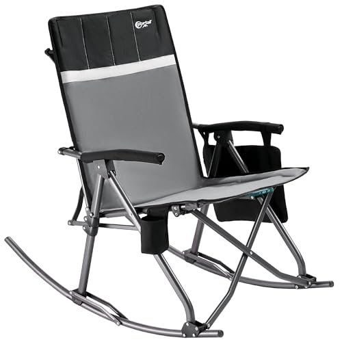 PORTAL Oversized Folding Rocking Camping Chair Portable Outdoor Rocker with High Back Hard Armrests Carry Bag, Supports 400 lbs, Padded Back，Grey