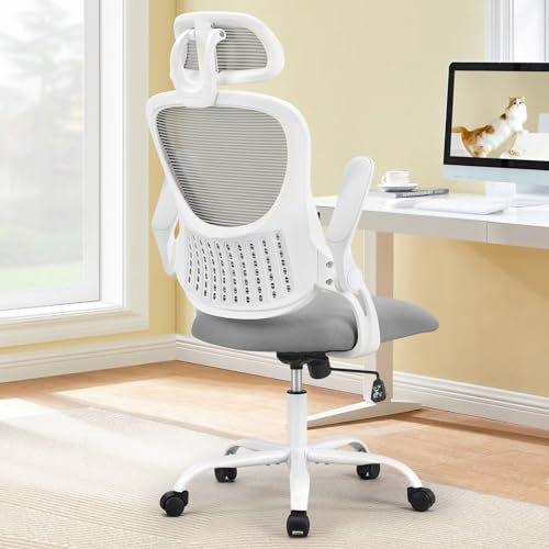 Sweetcrispy Office Computer Desk Chair, Ergonomic High-Back Mesh Rolling Work Chairs with Wheels and Adjustable Headrests, Comfortable Lumbar Support, Comfy Flip-up Arms for Home,Bedroom,Study, Grey