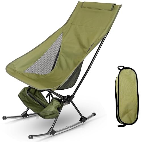 Folding Rocking Camping Chair, Outdoor Portable Rocker with High Back & Carrying Bag, Breathable Fabric, Full Steel Frame, Lightweight Rocker Camping Chair for Patio Garden Lawn Max Supports 300lbs