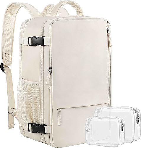 Sinaliy Travel Backpack for Women, Expandable 40L Carry on Flight Approved Backpack, 17 Inch Laptop Waterproof Travel Bag for College, Travel, Work, Beige